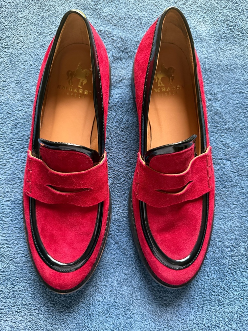 Red Suede Penny Loafers with Black Trim - Women's Flats
